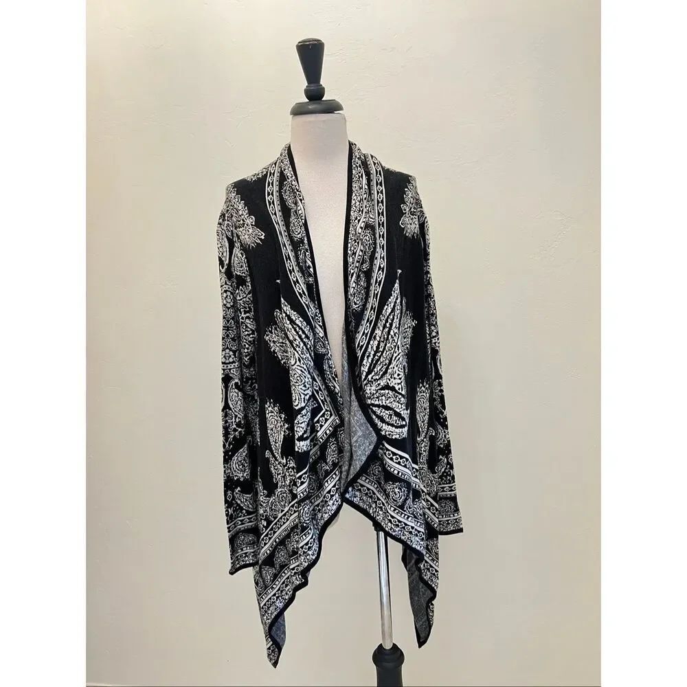 Dana Buchman Women's Monochrome Knit Draped Cardigan Sweater Black White Medium